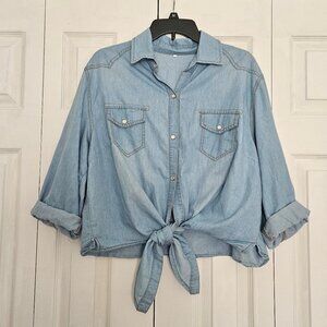 Chambray Denim Crop Top Tie Front